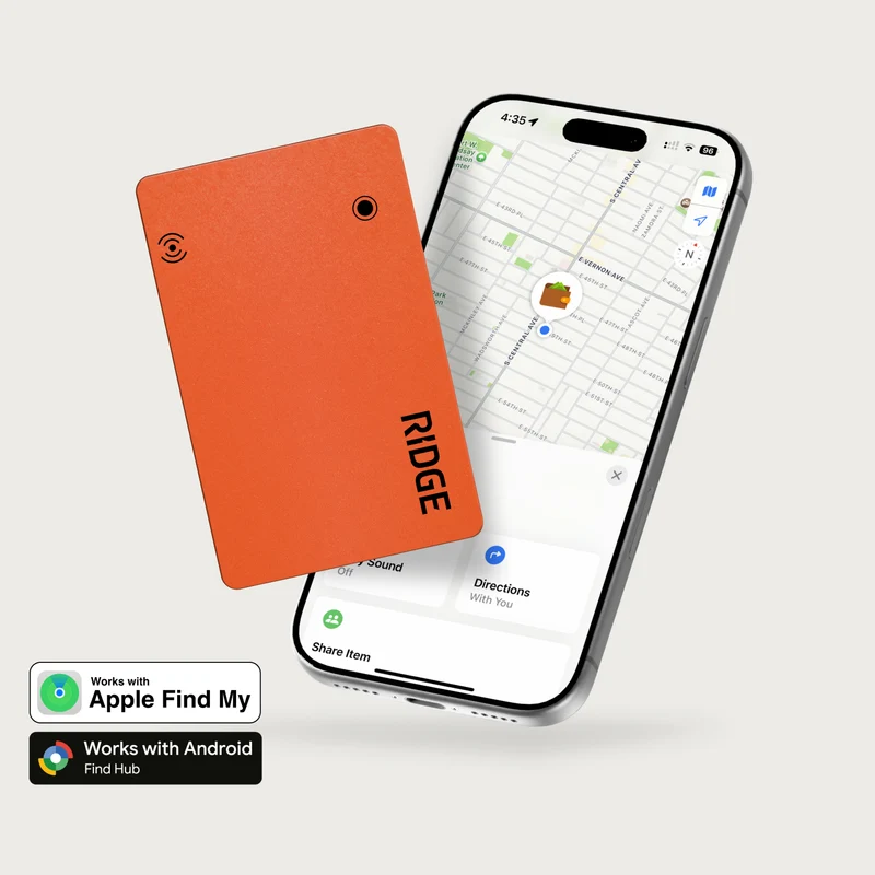 Burnt orange Ridge Tracker Card floating above an iPhone showing the Find My app