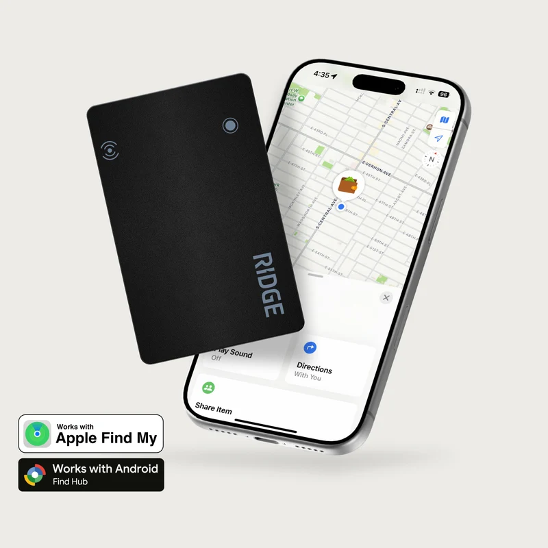 Black Ridge Tracker Card floating above an iPhone showing the Find My app
